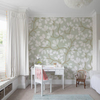 Soft Sage and White Hand-Drawn Floral Sprig Wall Mural