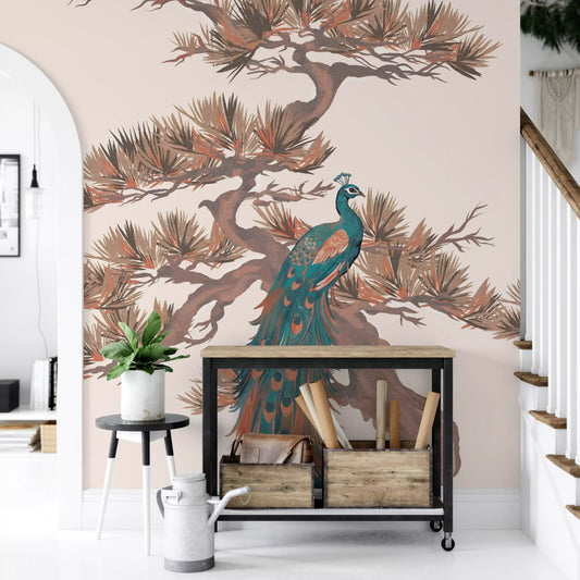 Chinoiserie Pine and Bird Motif Wall Mural