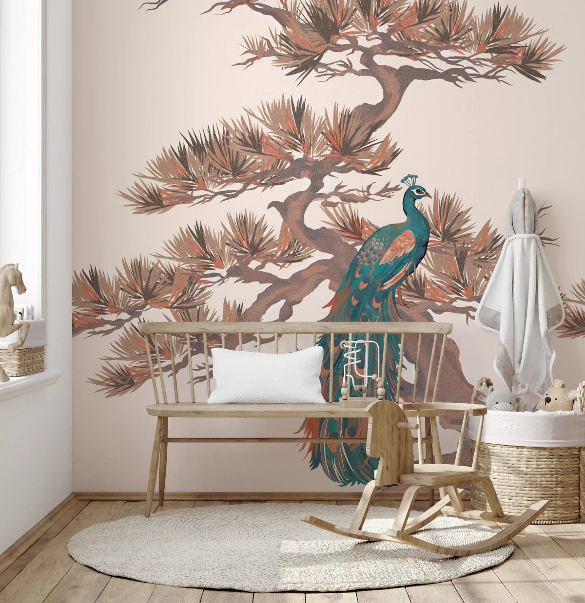 Chinoiserie Pine and Bird Motif Wall Mural