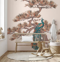 Chinoiserie Pine and Bird Motif Wall Mural