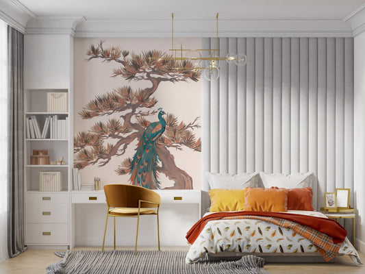 Chinoiserie Pine and Bird Motif Wall Mural