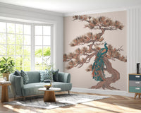 Chinoiserie Pine and Bird Motif Wall Mural