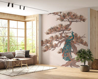 Chinoiserie Pine and Bird Motif Wall Mural