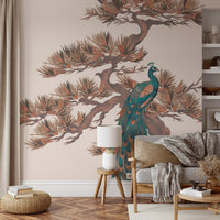 Chinoiserie Pine and Bird Motif Wall Mural