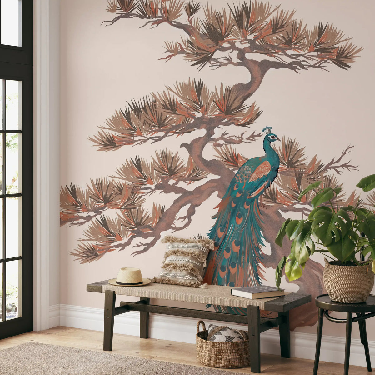 Chinoiserie Pine and Bird Motif Wall Mural