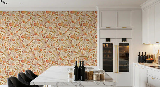 White kitchen with marble island and wine bottles against soft watercolor fruit wallpaper GD13279