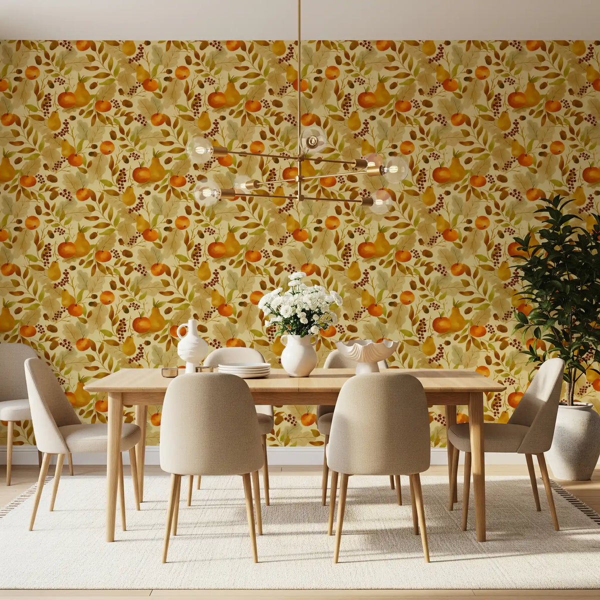 Watercolor Autumn Fruit Leaves Golden Yellow Harvest Pattern Wallpaper⁠