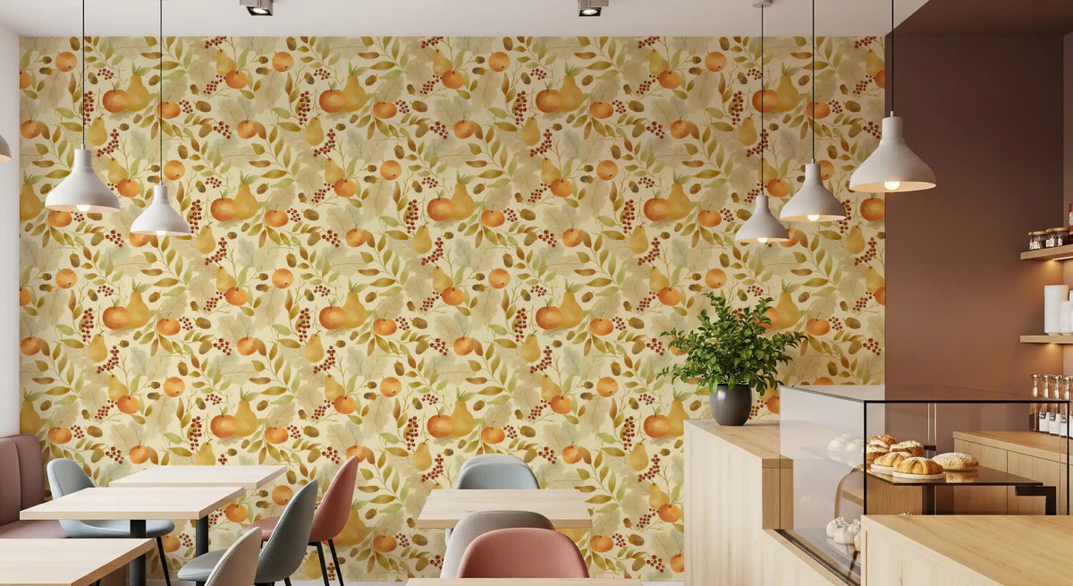Watercolor Autumn Fruit Leaves Olive Sage Green Harvest Pattern Wallpaper⁠