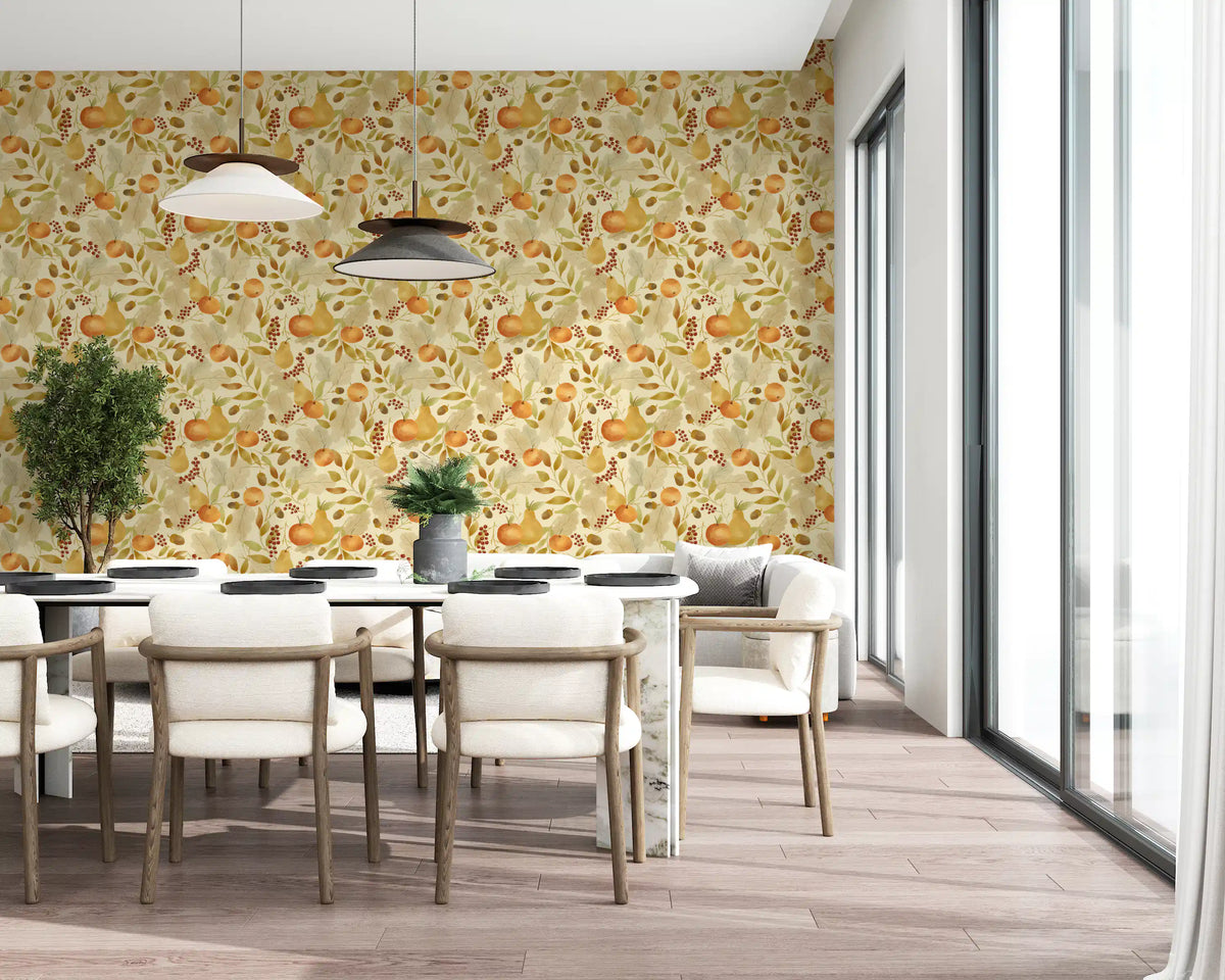 Watercolor Autumn Fruit Leaves Olive Sage Green Harvest Pattern Wallpaper⁠