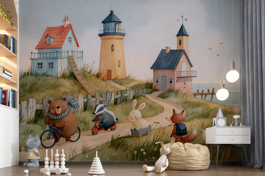 Coastal lighthouse mural with wooden bead toys, a white nightstand and pendant lights GD13294