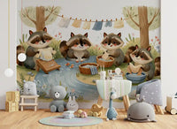Woodland Friends Raccoons Streamside Wash Day Wall Mural