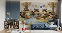 Woodland Friends Raccoons Streamside Wash Day Wall Mural