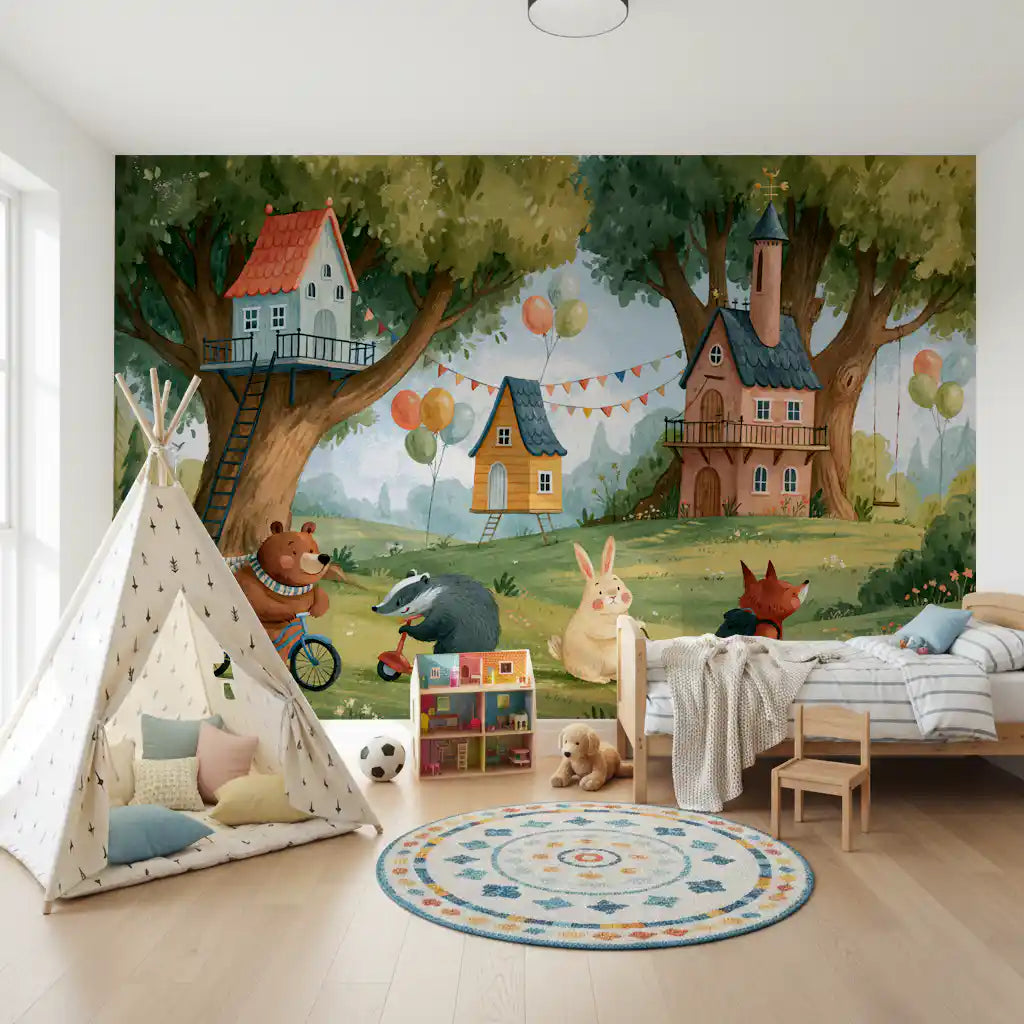 Forest wallpaper behind a canvas teepee, round patterned rug and wooden kids bed GD13302