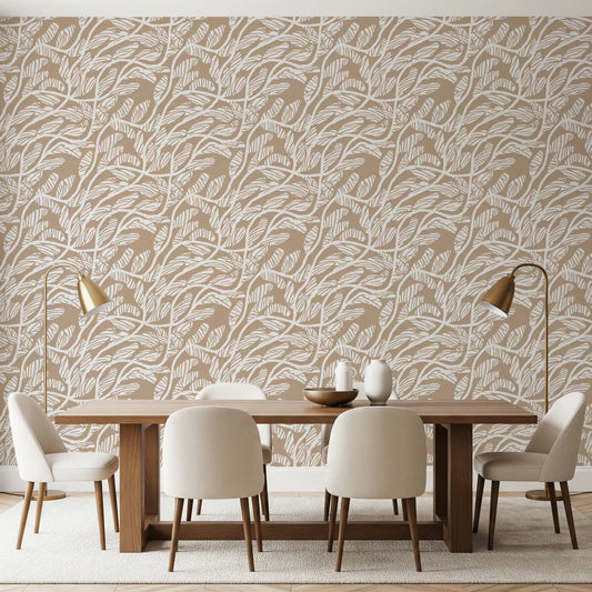 Abstract Foliage Line Art in White and Tan Wallpaper⁠