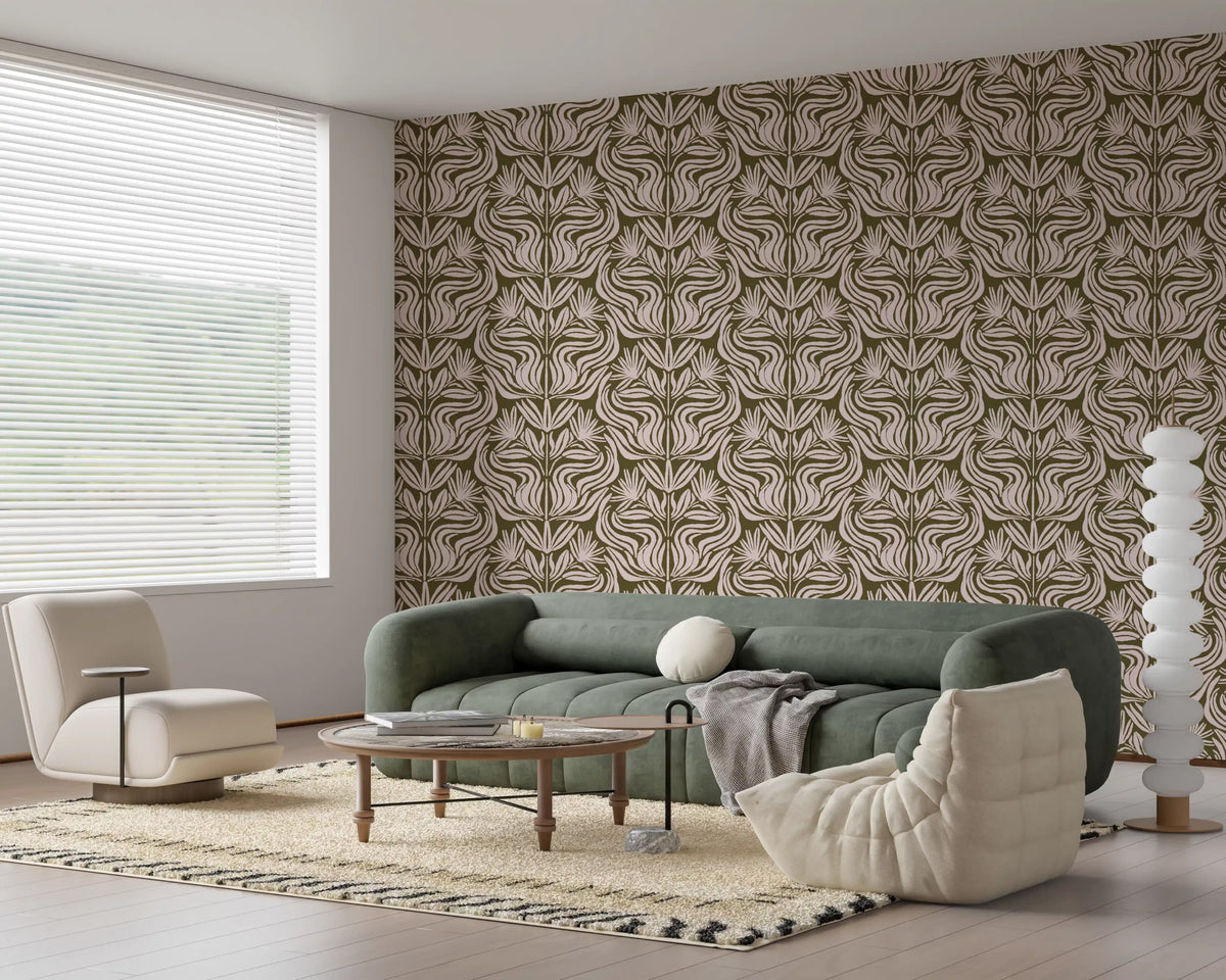 Olive and Blush Organic Abstract Botanical Pattern Wallpaper⁠