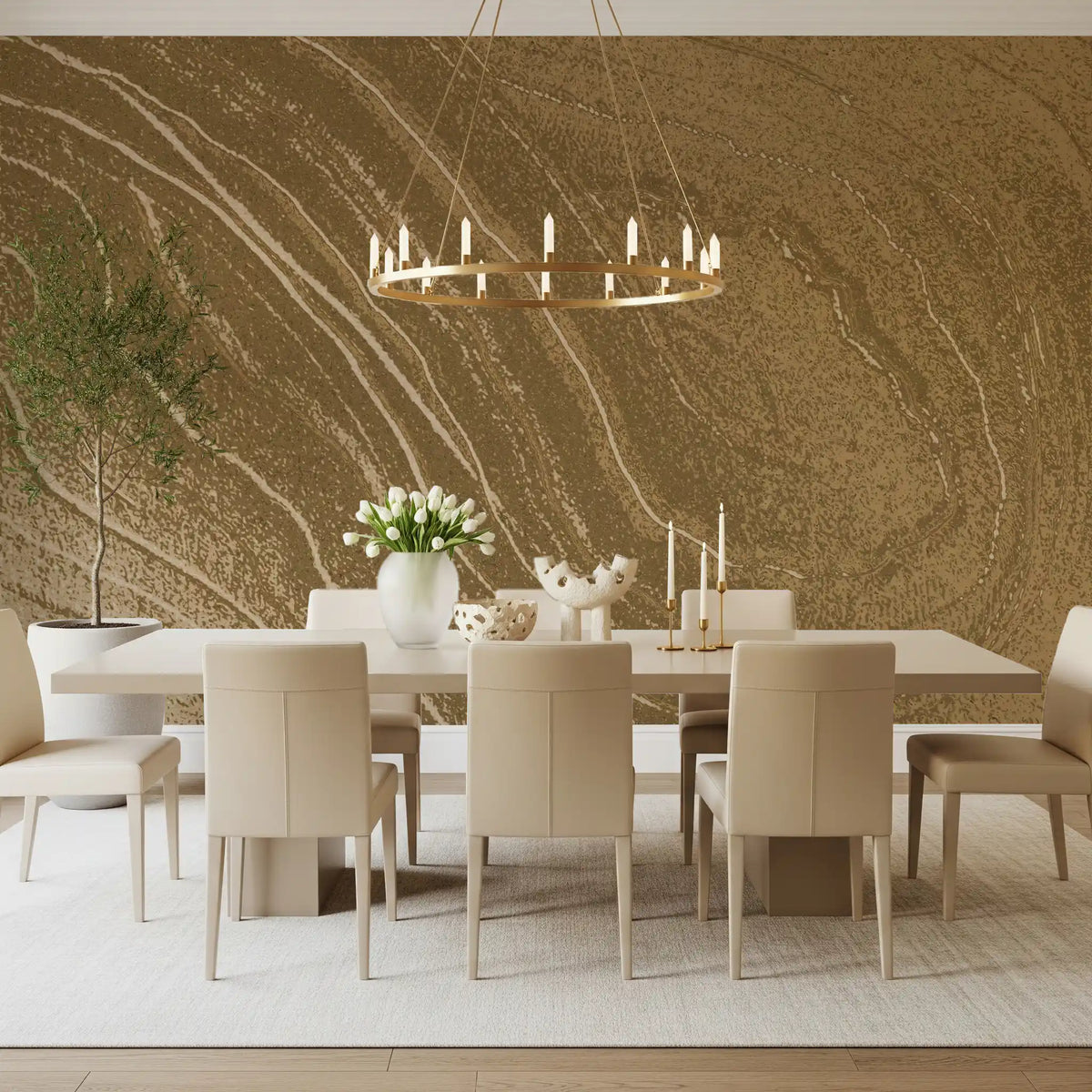 Dining room with long white table, beige chairs and ring chandelier on abstract wallpaper GD13323