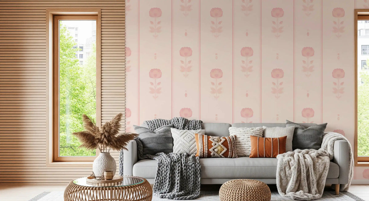 Soft Blush Floral Stripe Wallpaper⁠