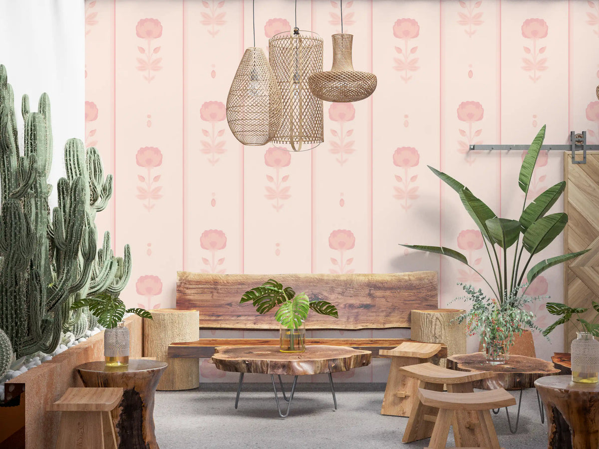 Soft Blush Floral Stripe Wallpaper⁠