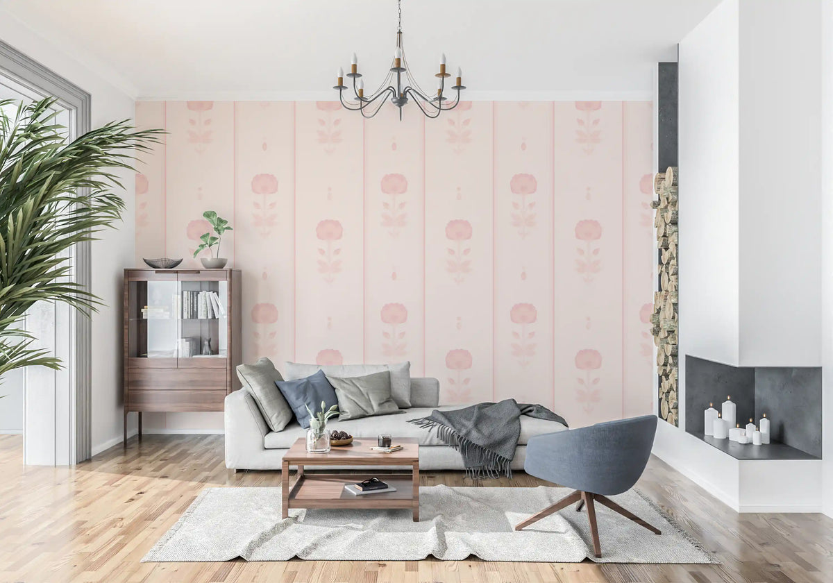 Soft Blush Floral Stripe Wallpaper⁠