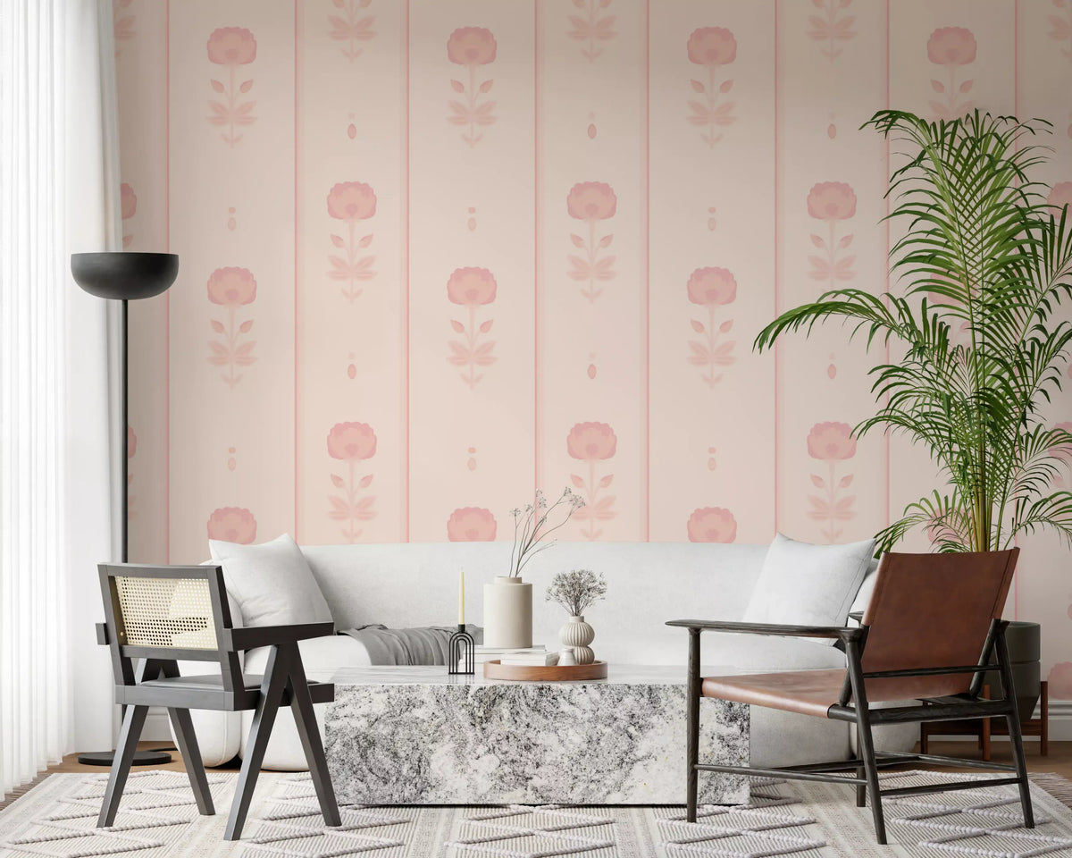 Soft Blush Floral Stripe Wallpaper⁠