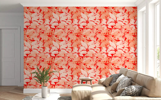 Fiery Coral Tropical Foliage Wallpaper⁠