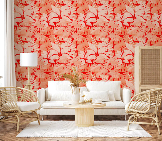 Fiery Coral Tropical Foliage Wallpaper⁠