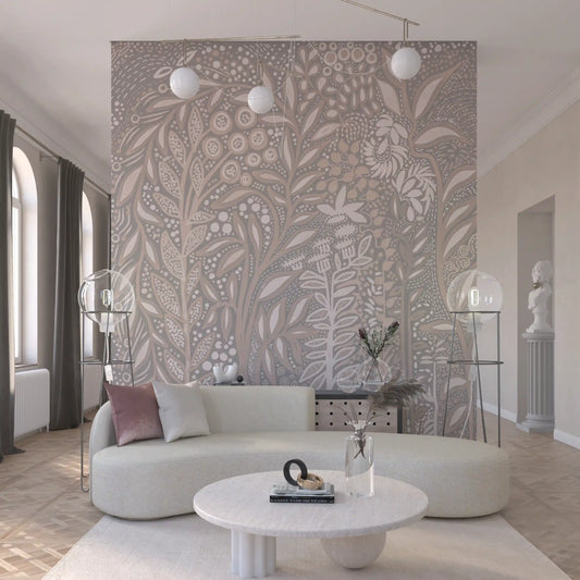 Abstract Cream and Grey Foliage Wall Mural