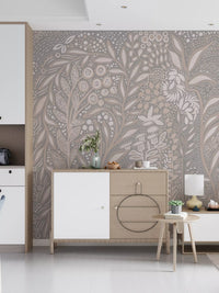 Abstract Cream and Grey Foliage Wall Mural