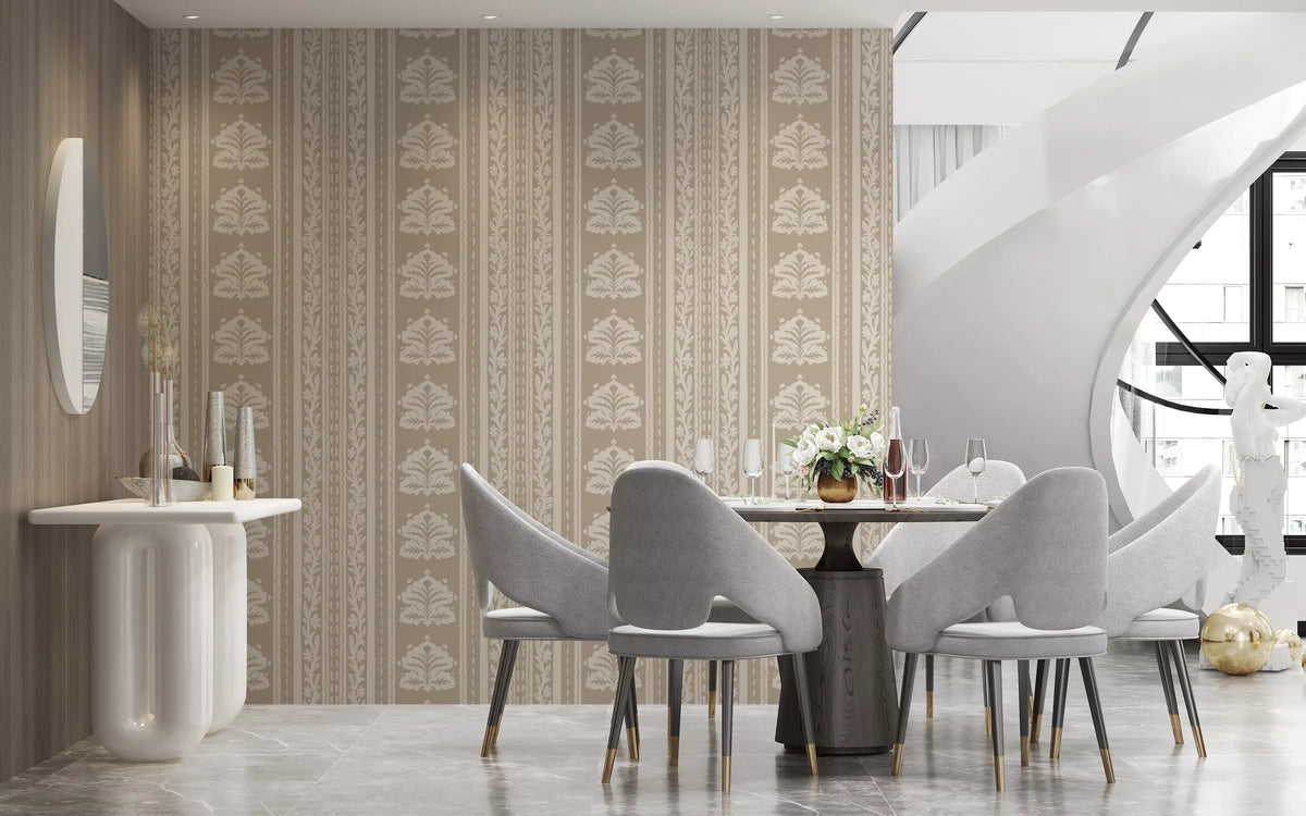 Beige damask wallpaper in a dining room with grey sculpted chairs and a white spiral staircase GD13359