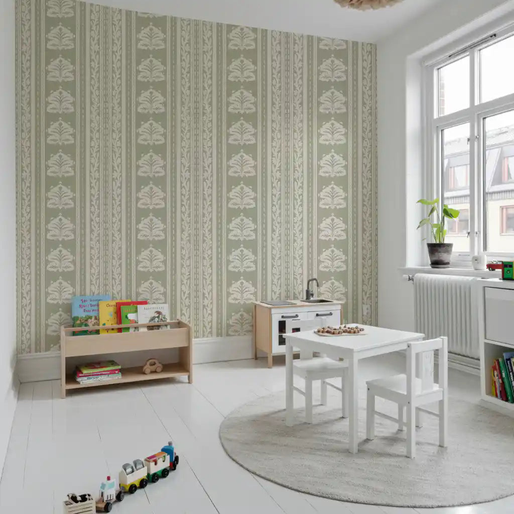 Cream and Sage Botanical Stripe Wallpaper⁠