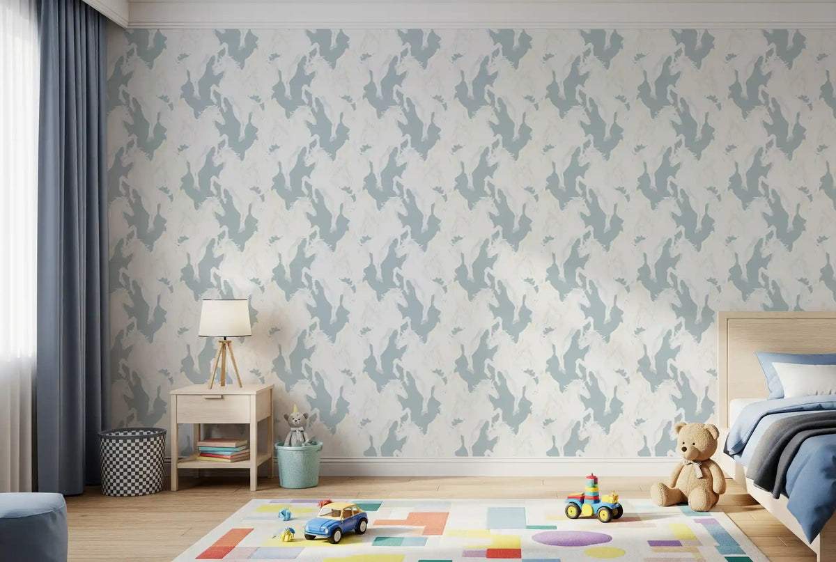 Ethereal Winged Horses on Soft Blue Wallpaper⁠