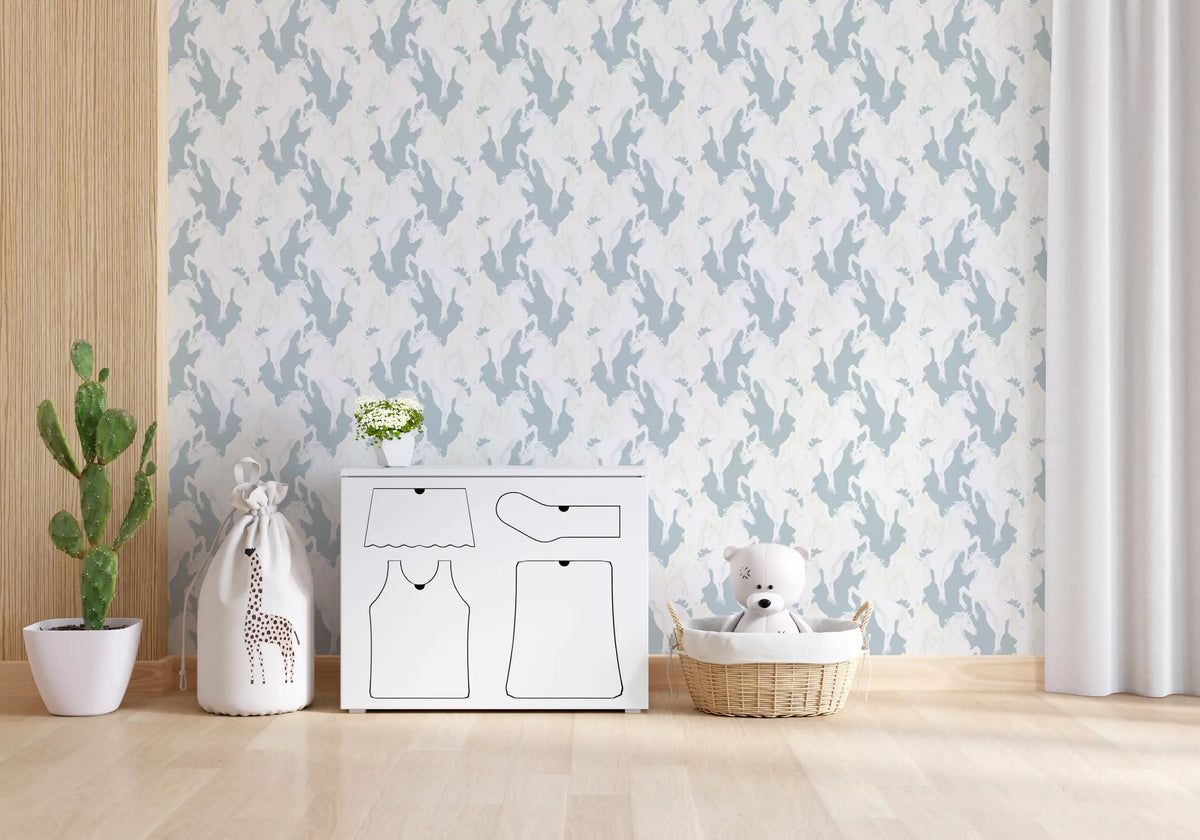 Ethereal Winged Horses on Soft Blue Wallpaper⁠