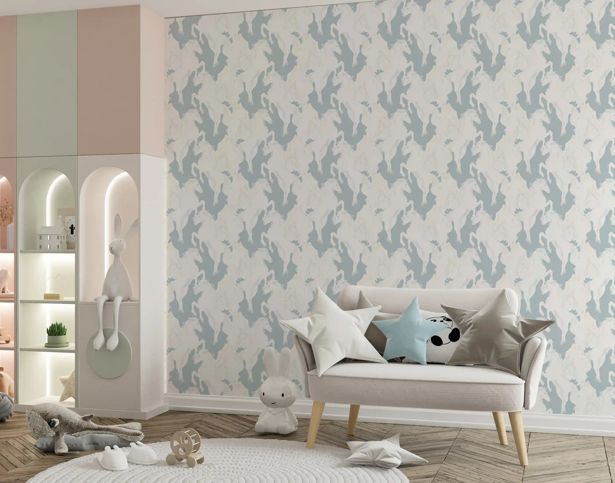 Ethereal Winged Horses on Soft Blue Wallpaper⁠