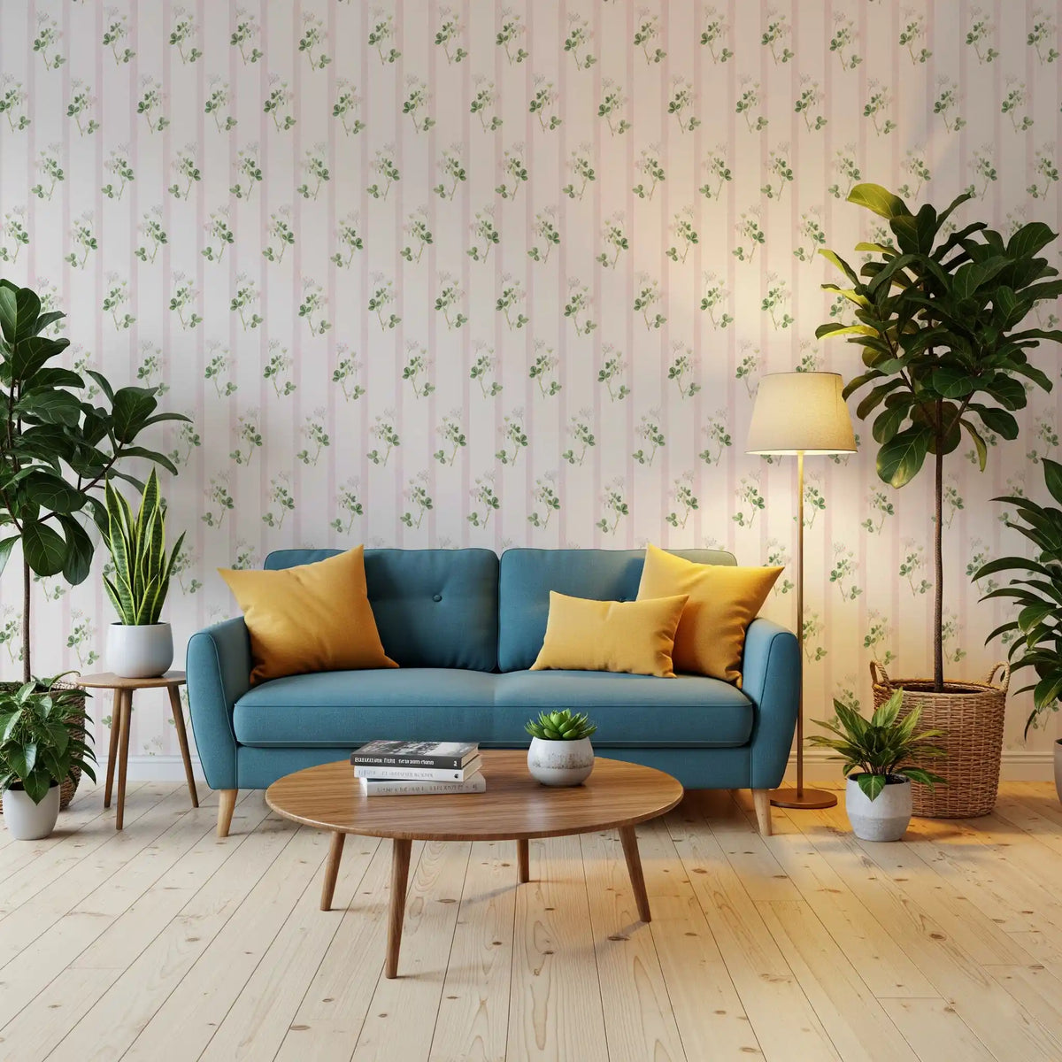Soft Clover and Pastel Stripe Botanical Print Wallpaper⁠
