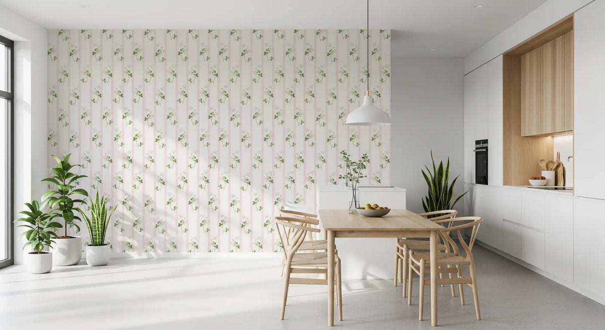 Soft Clover and Pastel Stripe Botanical Print Wallpaper⁠