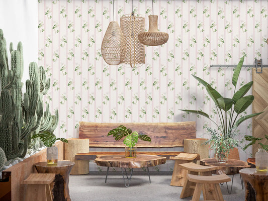 Soft Clover and Pastel Stripe Botanical Print Wallpaper⁠