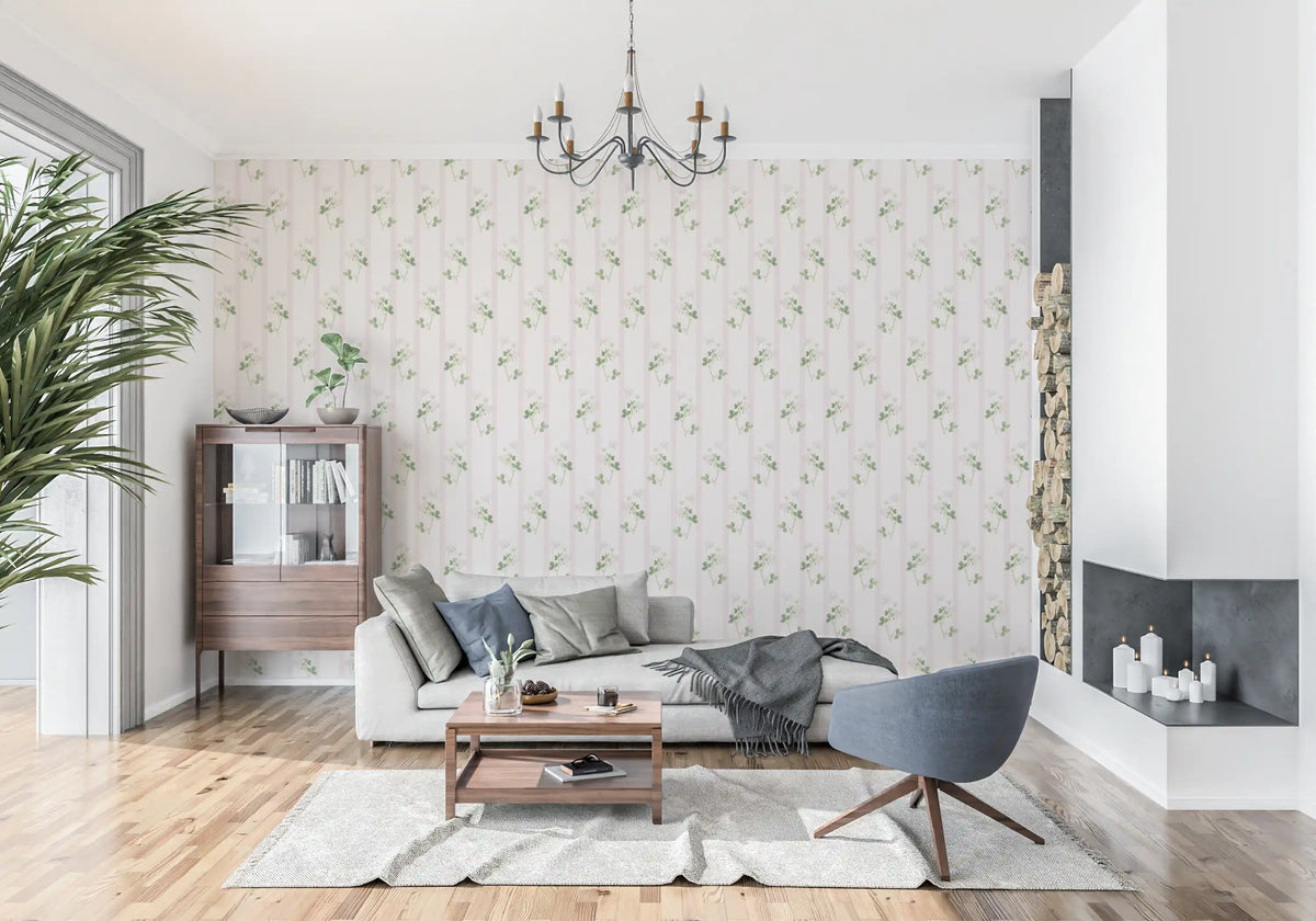 Soft Clover and Pastel Stripe Botanical Print Wallpaper⁠