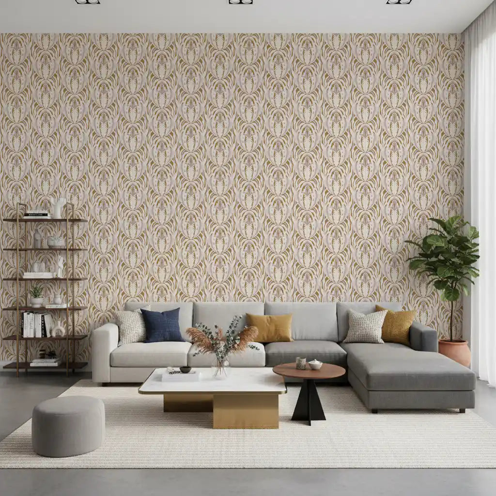 Symmetrical Ochre and Cream Foliage Wallpaper⁠