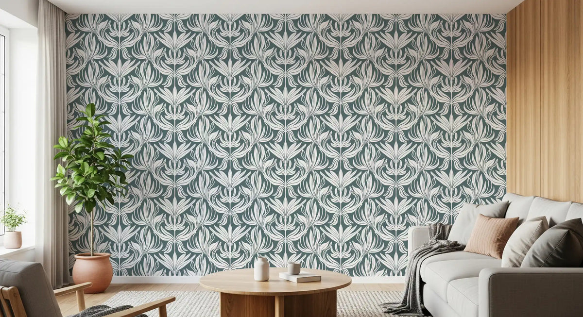 Abstract Teal Foliage Motif Wallpaper⁠
