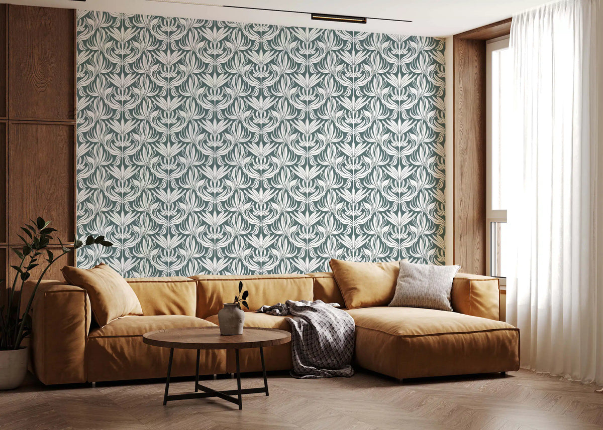 Abstract Teal Foliage Motif Wallpaper⁠