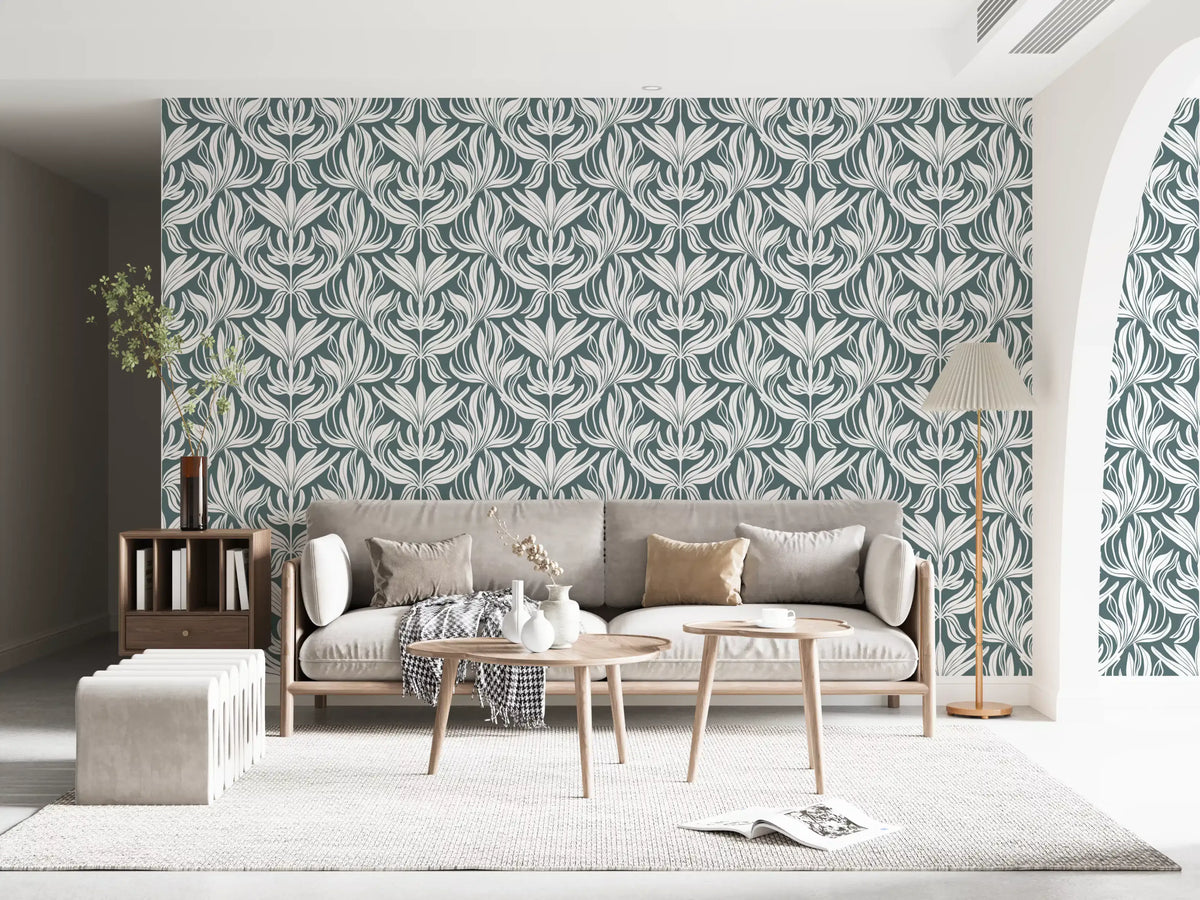 Abstract Teal Foliage Motif Wallpaper⁠