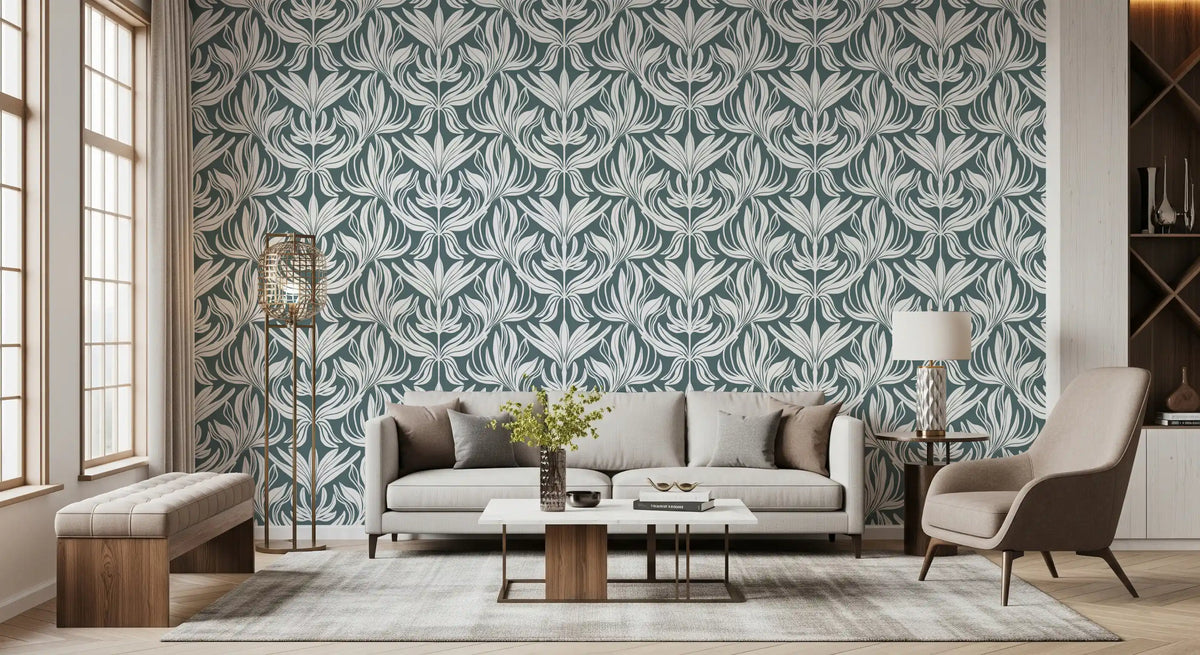 Abstract Teal Foliage Motif Wallpaper⁠
