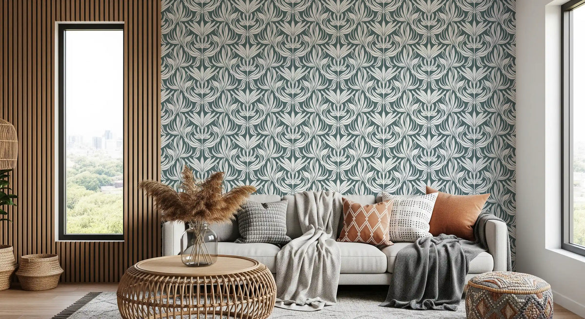 Abstract Teal Foliage Motif Wallpaper⁠