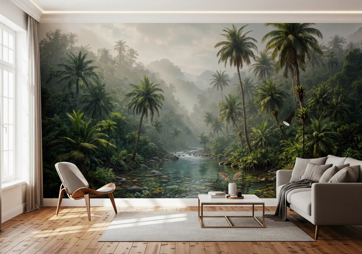 Misty Tropical River Valley Wall Mural