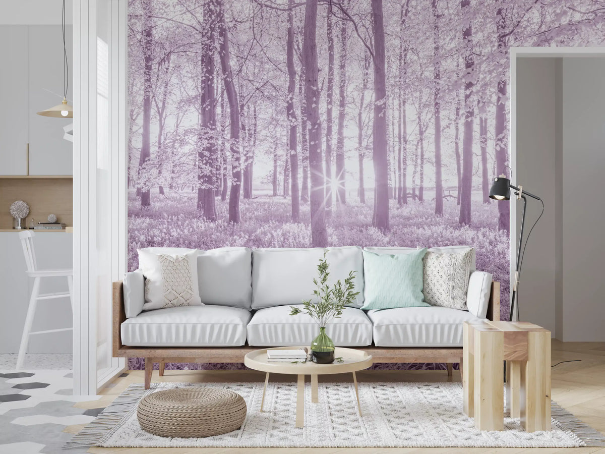 Sunlit Forest Canopy in Pastel Lilac Wall Mural