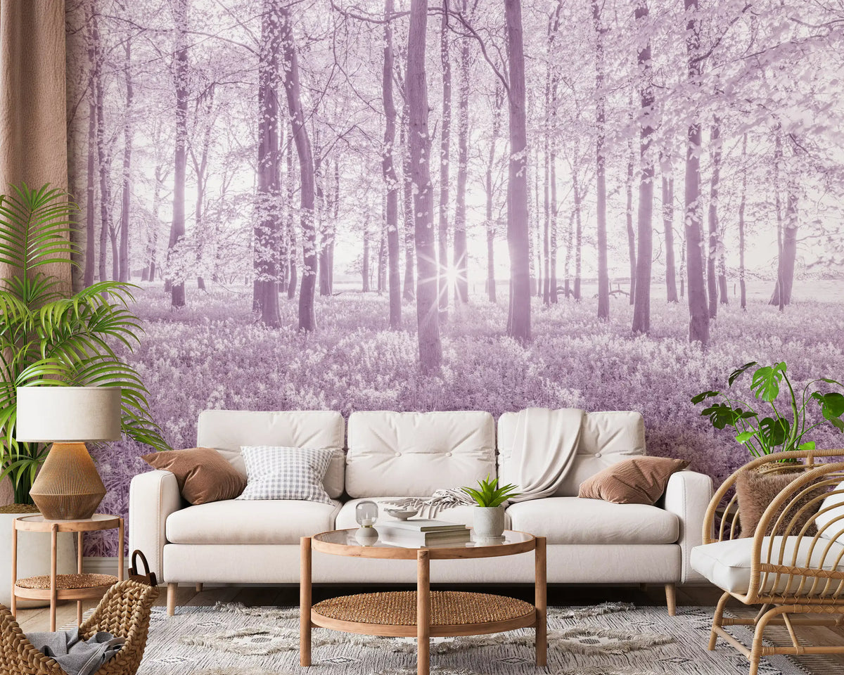 Sunlit Forest Canopy in Pastel Lilac Wall Mural