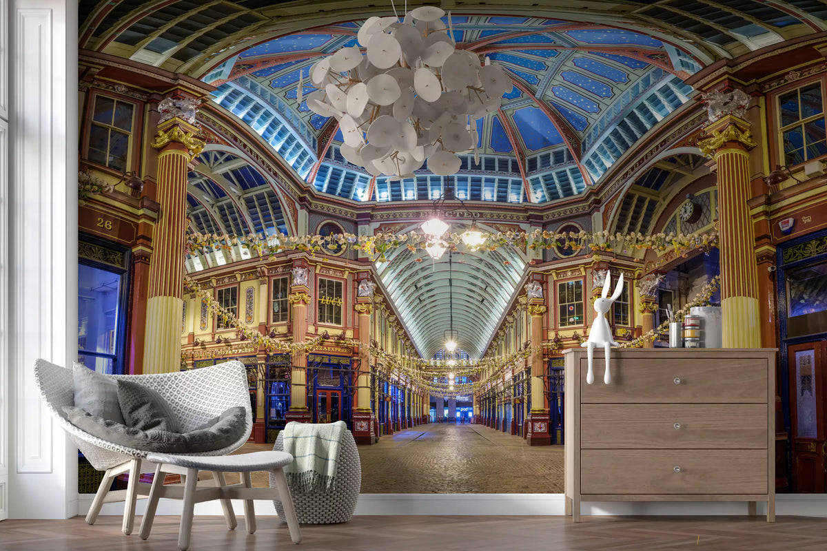 London wallpaper mural behind grey shell armchair, disc chandelier and oak dresser GD13394