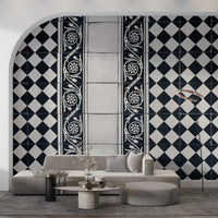 Vintage Black and White Floral Checkerboard Wall Mural