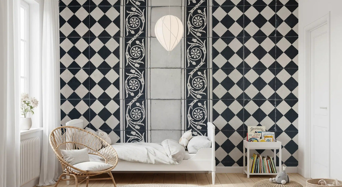 Vintage Black and White Floral Checkerboard Wall Mural