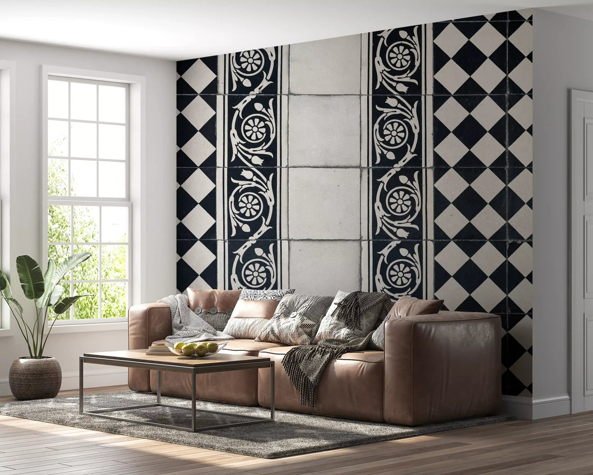 Vintage Black and White Floral Checkerboard Wall Mural